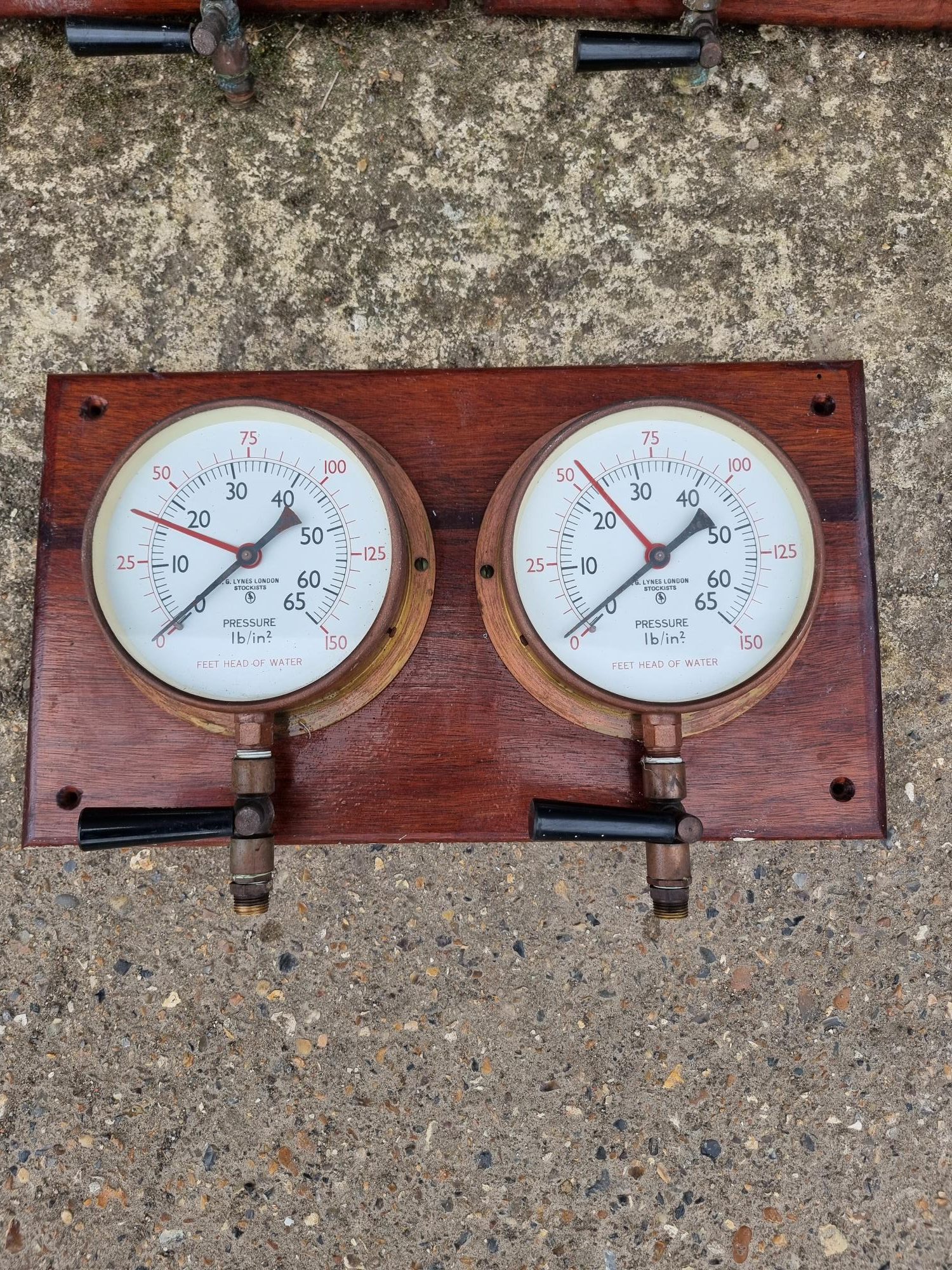 Brass 6 inch Pressure Gauges, Pair, Mounted on a wooden board