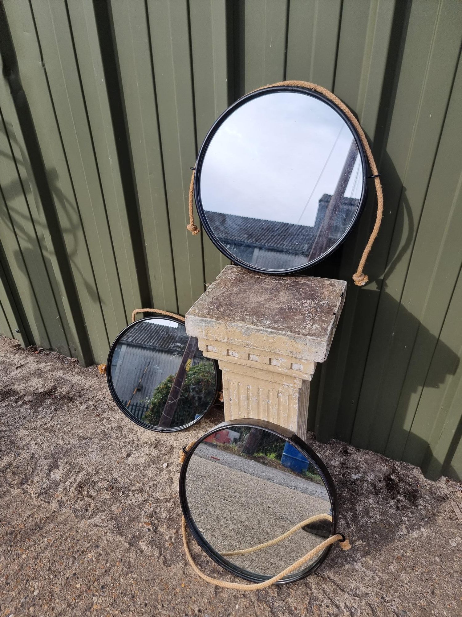Round Ship Type Mirrors Rope Hung or Back Fixing Brass painted black surround - Image 5