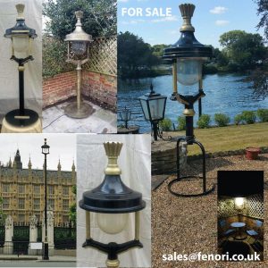 Collage of reclaimed British heritage street lights including post top lamps and lanterns from Fenori