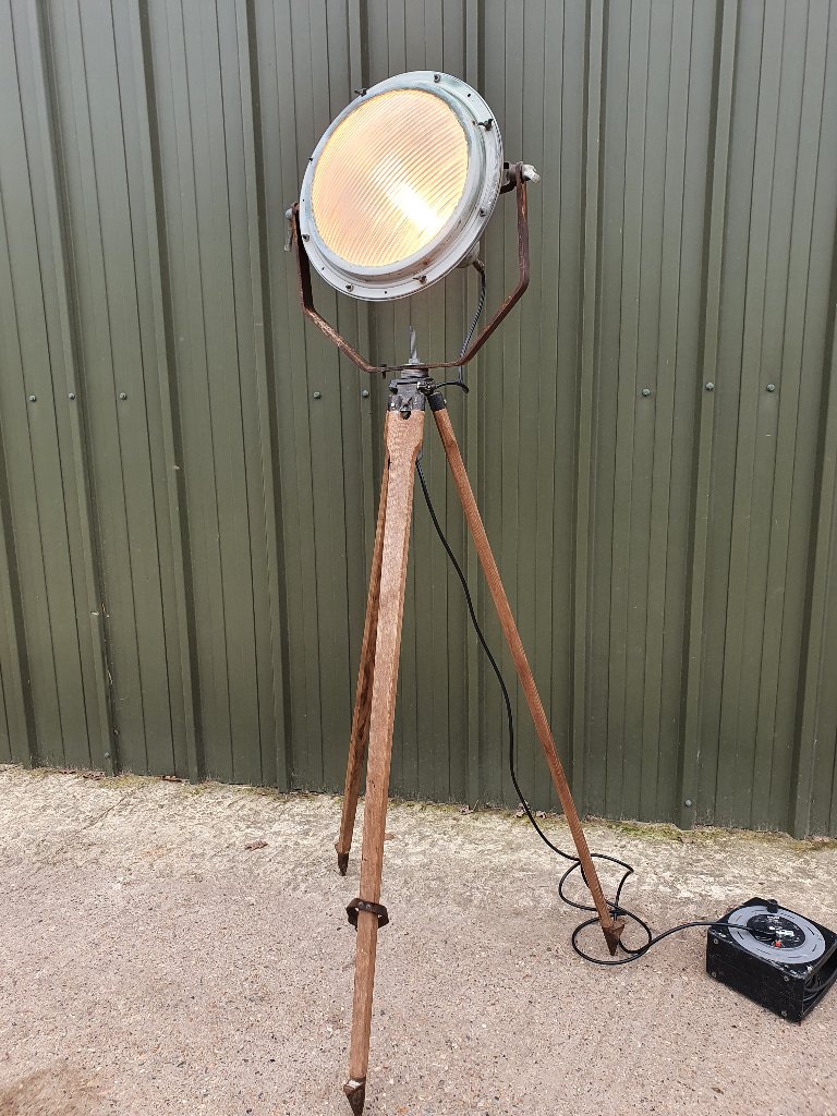 Old Copper Railway Siding Light Mounted on Old Oak Legged Surveyors Tripod